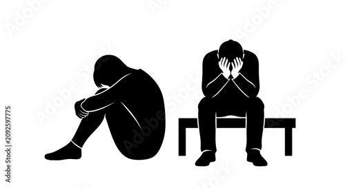 Canvas Print Two distressed people in seated and curled positions black silhouette sadness gr