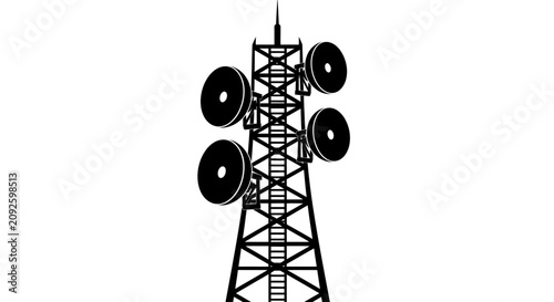 Bild auf Leinwand Communication tower with circular antennas a black silhouette against a white ba