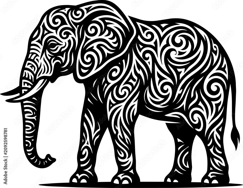 Fototapeta premium Black and White Ornamental Elephant Silhouette with Tribal Swirl Patterns