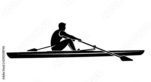 Foto Rowing scull and athlete in black silhouette boat sportsman rower oarsman waterc