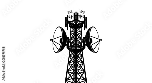 Communication tower with satellite dishes a black silhouette on a white background telecom transmission antenna