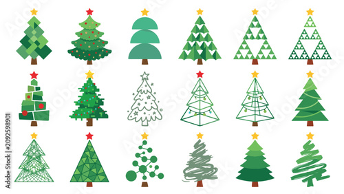 фотографія Creative collection of twenty stylized Christmas tree illustrations in varied ar