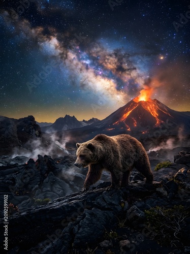 Brown bear walking on rocky terrain in front of erupting volcano at night under starry milky way sky with eruption mountain wildlife