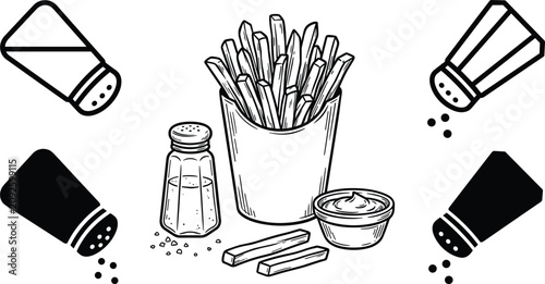 Foto French fries sketch icons set featuring salt shaker pepper pot ketchup sauce bow