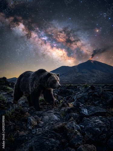 Grizzly bear walking on volcanic rocky ground beneath erupting volcano and bright starry sky with milky way eruption mountain wildlife