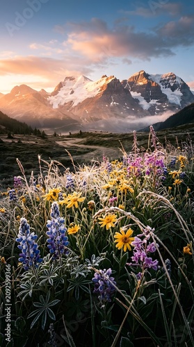 Mountain wildflowers in sunlight at dusk with mountain wildflowers landscape alpenglow serenity outdoors wilderness summertime