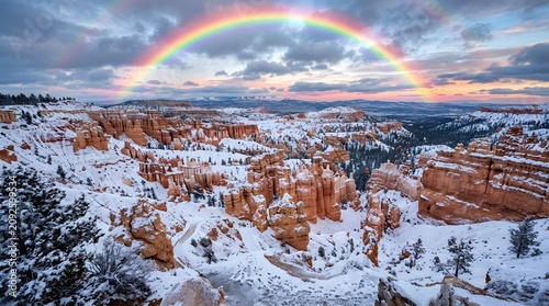 Panoramic winter view of canyon rocks with rainbow landscape outdoors wilderness national formation beautiful panoramic colorful