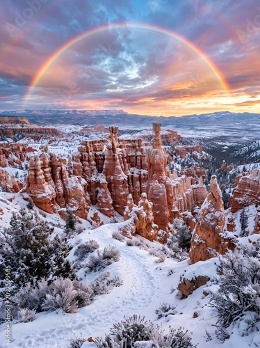 Rainbow arching over snowy desert canyons at dusk with landscape outdoors wilderness national formation beautiful panoramic