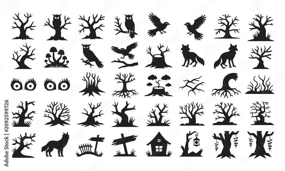 Fototapeta premium A collection of black silhouette featuring spooky forests, dead trees, owls, ravens, wolves, mushrooms, and haunted landscape isolated on a white background