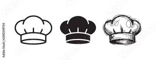 Obraz na plátne Three distinct portrayals of a classic chef's hat, depicted as an outline, a solid silhouette, and a spirited hand-drawn sketch, representing culinary expertise