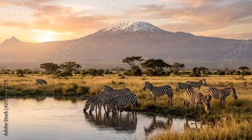 Group of wild zebras at a waterhole against the snowy peak of mount kilimanjaro at sunset with kilimanjaro mountain wildlife waterhole