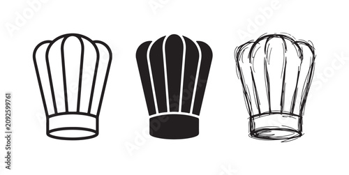 Chef Hat Icons Collection in Outline, Solid Glyph, and Hand-Drawn Sketch Style