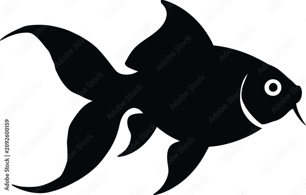 Fototapeta premium Black silhouette of a goldfish with flowing fins and tail on a white background