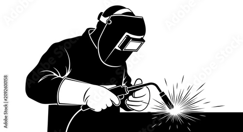 Obraz na płótnie Welder with protective mask and torch in black silhouette welding fabricator met