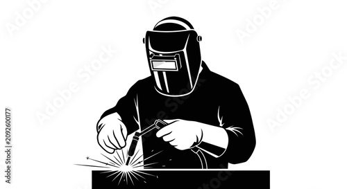 Konstfotografi Welder with protective mask and torch black silhouette against a white backgroun