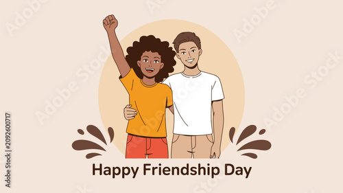 Fotografía Vector illustration of two smiling friends standing side by side with arm around
