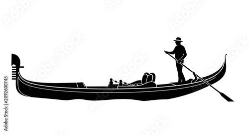 Canvas Print Gondola with gondolier and passengers black silhouette against a white backgroun