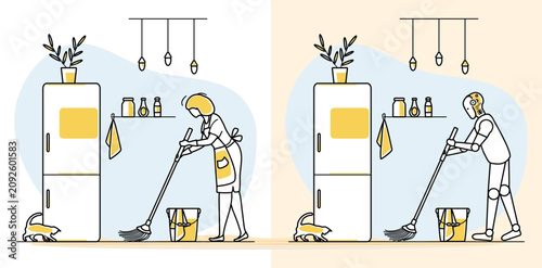 Schilderij op canvas Human and robot cleaning kitchen in split view, illustrating automation and tech