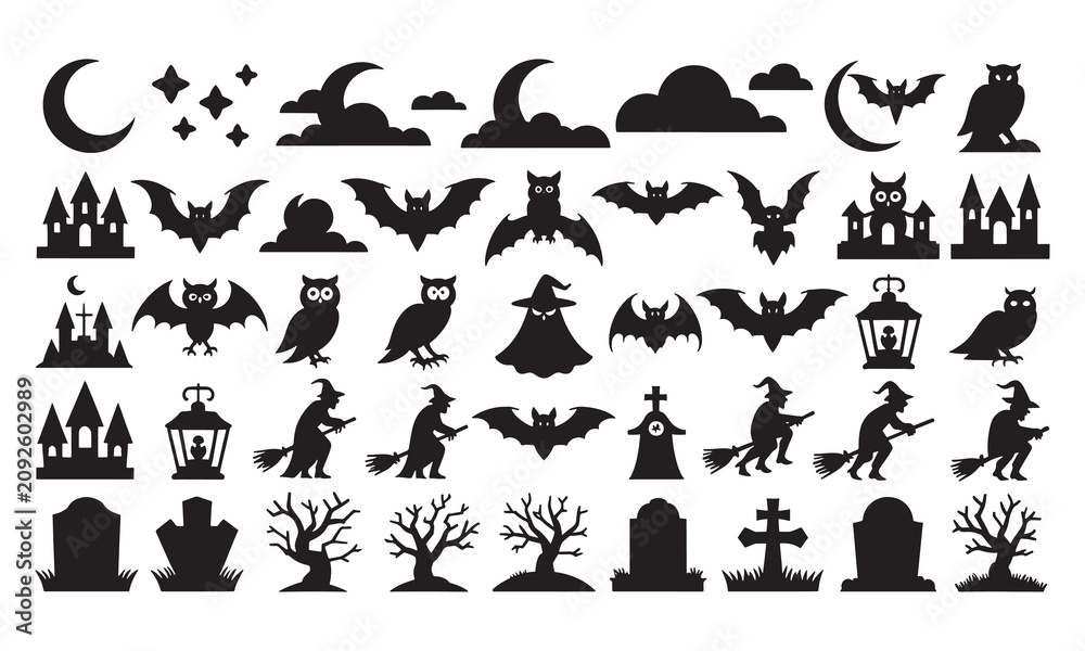 Obraz premium Collection of black halloween silhouettes featuring flying bats, spooky owls, haunted houses, witches on broomsticks, crescent moons, bare trees, and gravestones on a white background