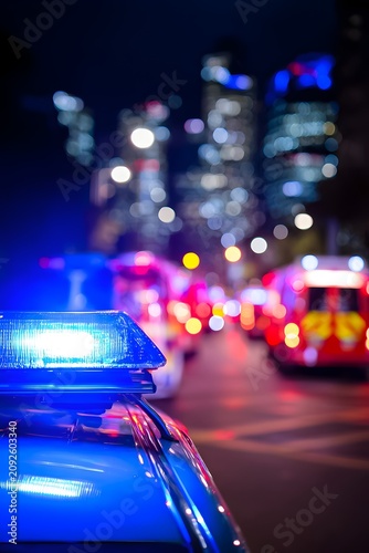 Police lights shine at night with city buildings in the background and emergency vehicles responding to an incident