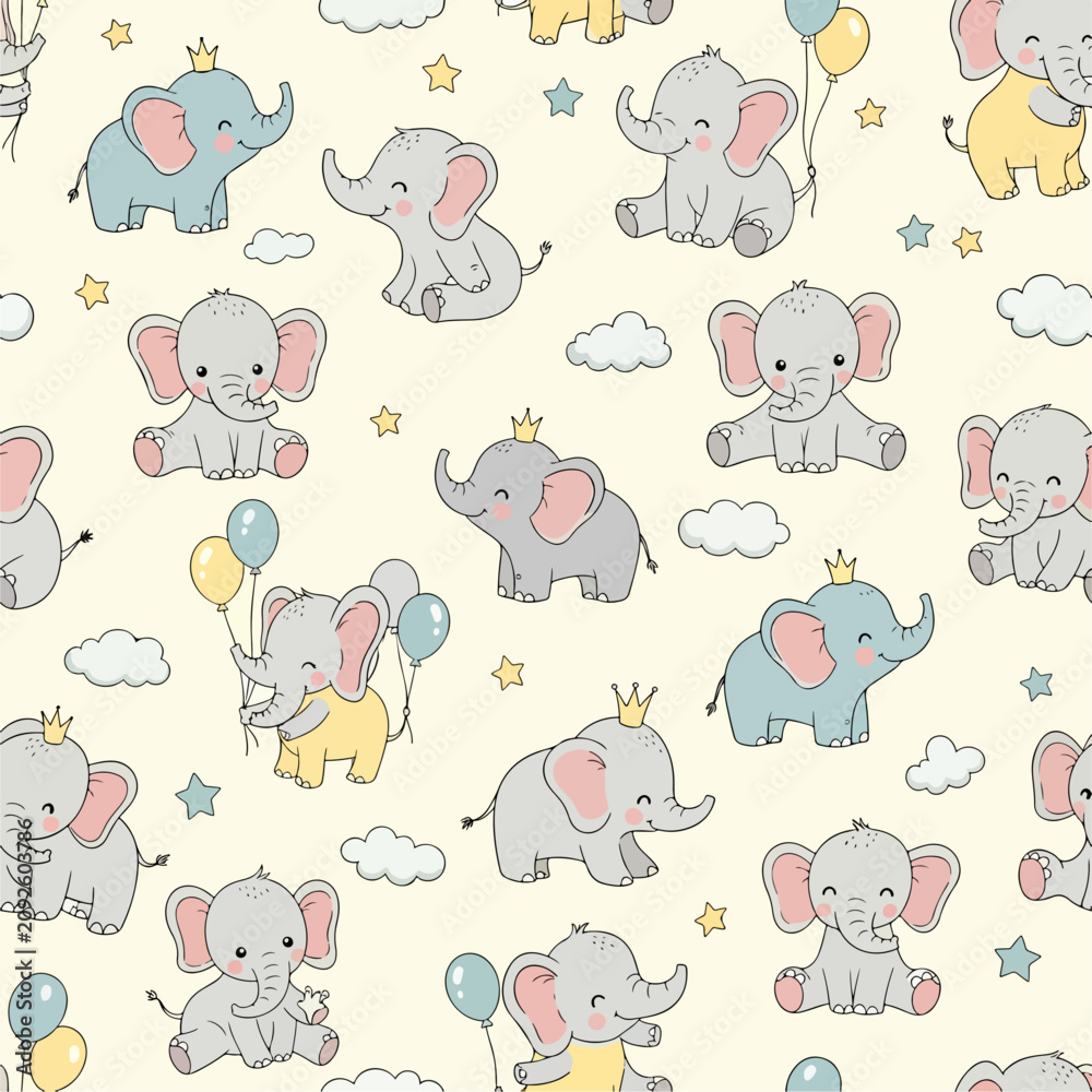 Obraz premium Charming Nursery Elephant Background with Soft Colors Balloons Clouds and Star Accents