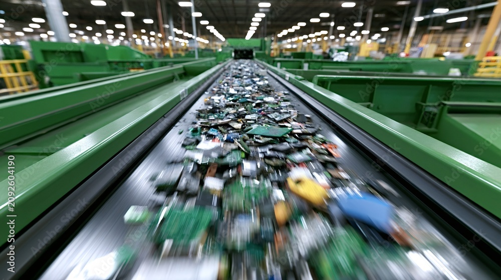 Obraz premium E waste circuit boards and fragmented electronics moving along a conveyor belt, illustrating the industrial process of recycling and waste management in a modern facility