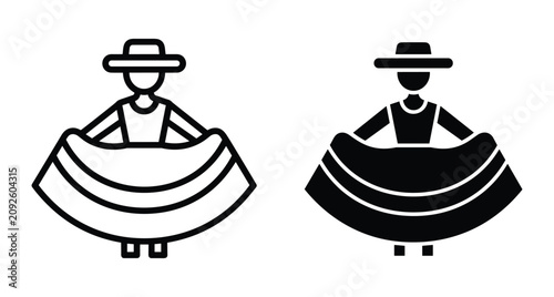 Mexican folk dancer woman in traditional dress with wide hat and flared skirt icon set for cultural celebration dance events