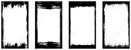 Grunge frames set templates. Ink paint border with rough edges for poster and banner. Retro textured overlays. Rectangular old black abstract flyer backgrounds. Vector design illustration. 