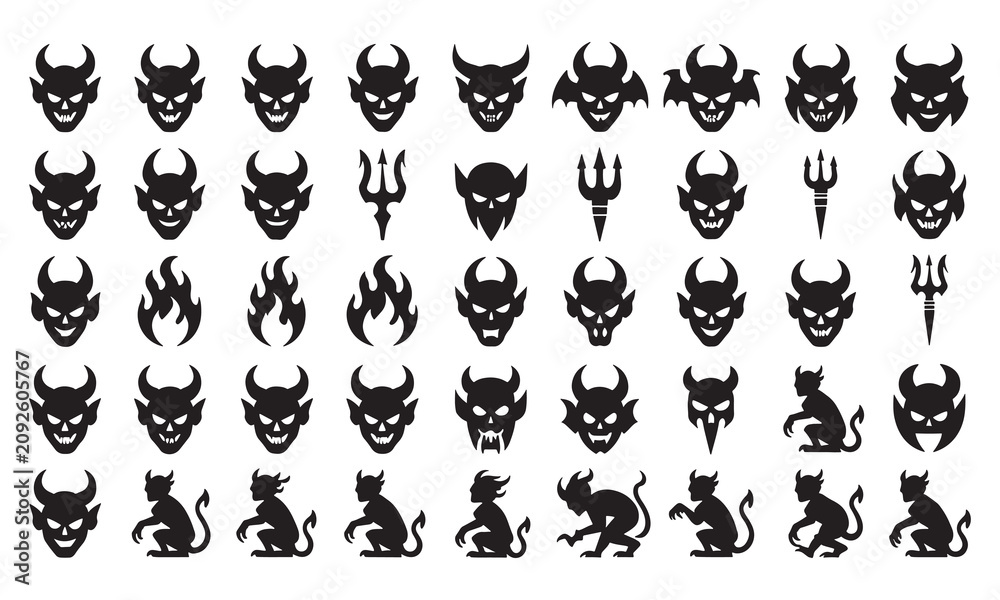 Obraz premium Extensive collection of devil and demon face silhouettes, trident symbols, fire flames, and imp figures isolated on a white background, for halloween and, occult projects