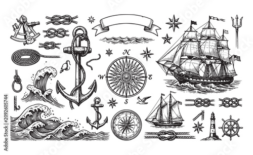 Large collection of nautical themed illustrations in vintage engraving style, featuring ships, anchors, compasses, waves, ropes, and marine instruments.