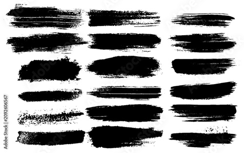 Set of hand painted gouache brush strokes and long ink lines. Grunge textures, smears, and dry brush effects. Isolated artistic black elements for borders, underlining, and creative design projects.