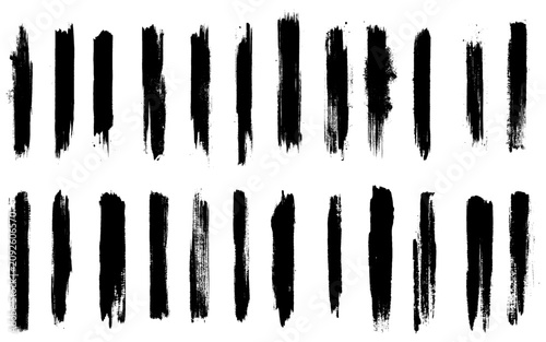 Set of hand painted gouache brush strokes and long ink lines. Grunge textures, smears, and dry brush effects. Isolated artistic black elements for borders, underlining, and creative design projects.
