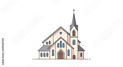 Cuadro en lienzo Traditional cathedral building illustration featuring steep roof and high bell tower with cross isolated on white background