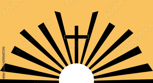 Bild auf Leinwand Religious graphic featuring rising sun rays behind black cross silhouette on orange background for spiritual concepts