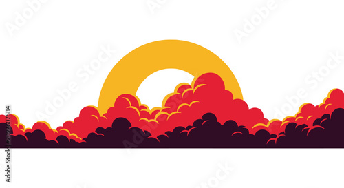 Tableau sur toile Mountain range and rising sun silhouette against a white background
