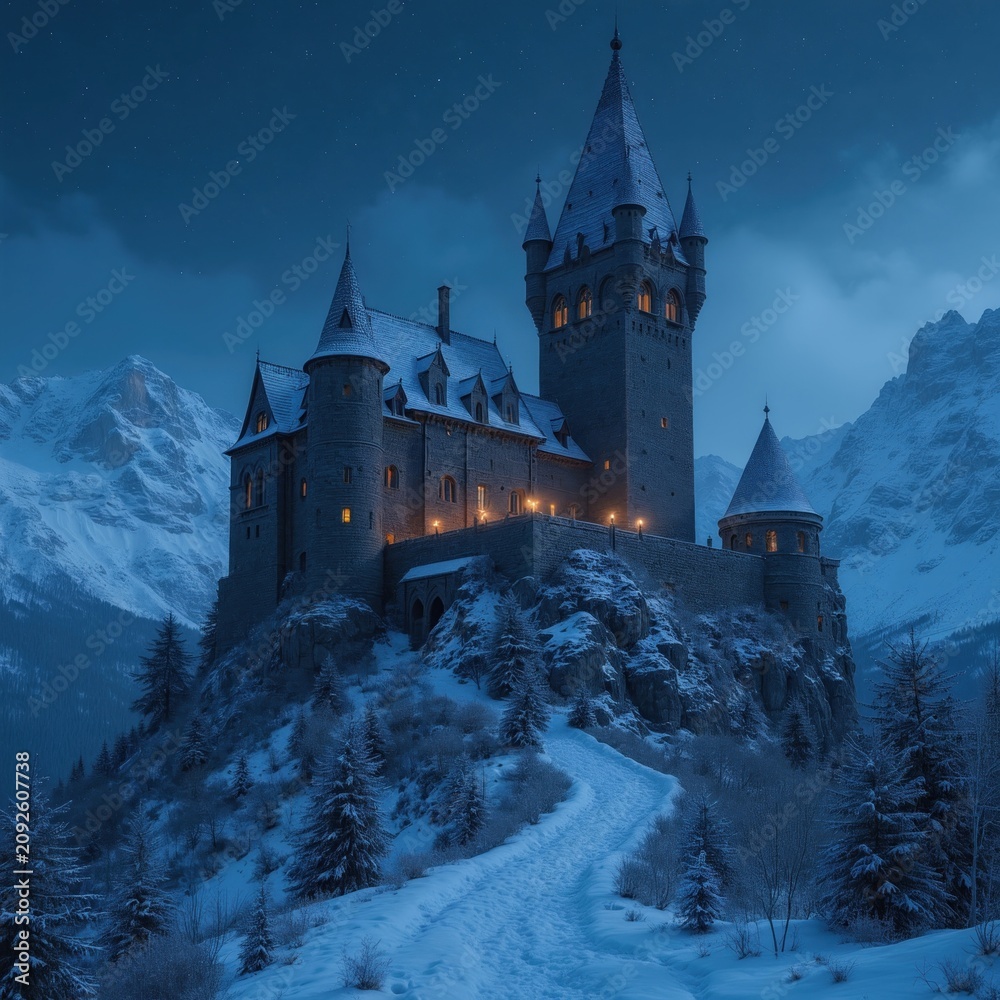 Fototapeta premium Majestic castle on snowy mountain under night sky. Winter landscape with snow covered pine trees and lit windows. Fairytale fortress with towers in remote, cold environment.