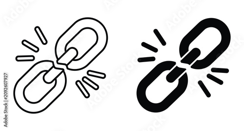 Broken chain link icon set showing disconnected metal rings representing separation freedom error and weak connection in outline and solid style