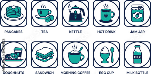 Foto Breakfast menu outline design icons set with hot drinks food for morning meal kitchenware items