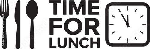 Canvastavla A black and white sign saying time for lunch with a fork, knife, spoon, and a sq
