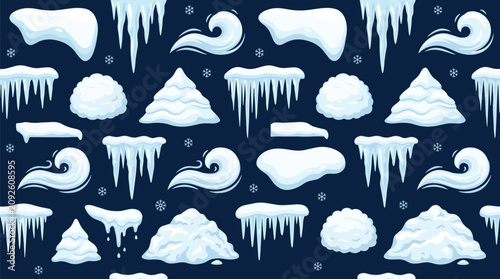Photos Collection of winter assets featuring snowdrifts icicles wind patterns and mountain peaks on blue background