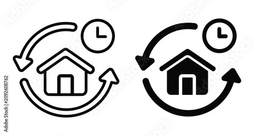 House icon with circular arrows and clock representing real estate cycle property management home maintenance schedule mortgage renewal and renovation