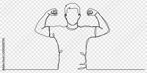 Photos a man flexing both arms and biceps continuous one line drawing, transparent background, A simple line drawing of a muscular figure flexing both arms upwards, Man flexing bicep single line drawing pro