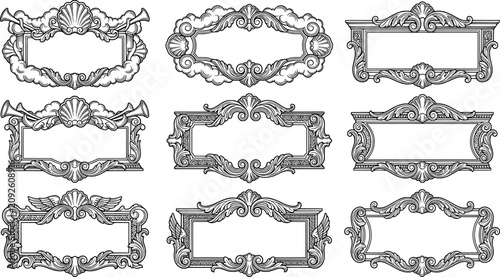 Bild auf Leinwand Set of vintage baroque rectangular frames and borders with shell motifs, vector