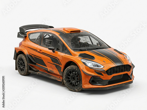 Orange rally car with black racing stripes and spoiler for speed competition sports driving event