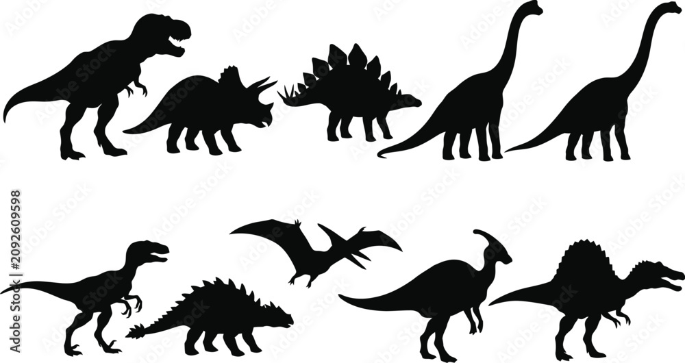 Fototapeta premium Black and white silhouette dinosaurs illustration