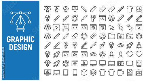 Graphic design web icons in line style. Icons for graphic designer, creative package, stationary, software, creativity, tools, drawing, collection. Vector illustration.

