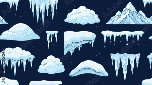 Tableau sur toile Set of frozen elements including mountains icicles snowdrifts and clouds designed for winter seasonal themes