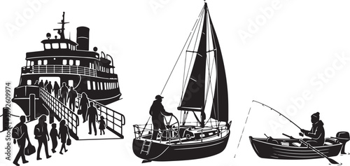Fotografi Sailboat riding ocean waves with sailor at helm and ferry boat background