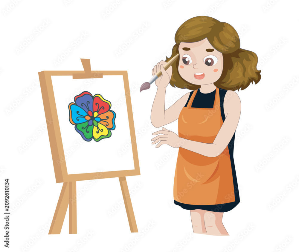 Fototapeta premium Girl Painting Rainbow Flower on Canvas, Little Artist Character Drawing on Easel with Paints Cartoon Style Vector Illustration stock illustration...