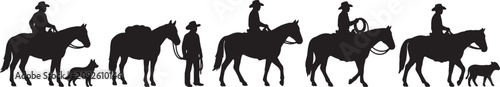 A collection of black silhouettes depicting cowboys riding horses in various poses, including a cowboy with a lasso and a cowboy with a dog, isolated on a white background, for western themed projects